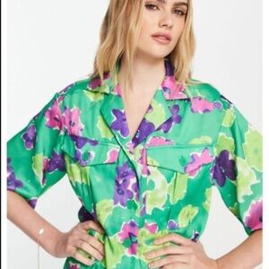Topshop Ultimate Floral Resort Shirt‎ in Green NWT